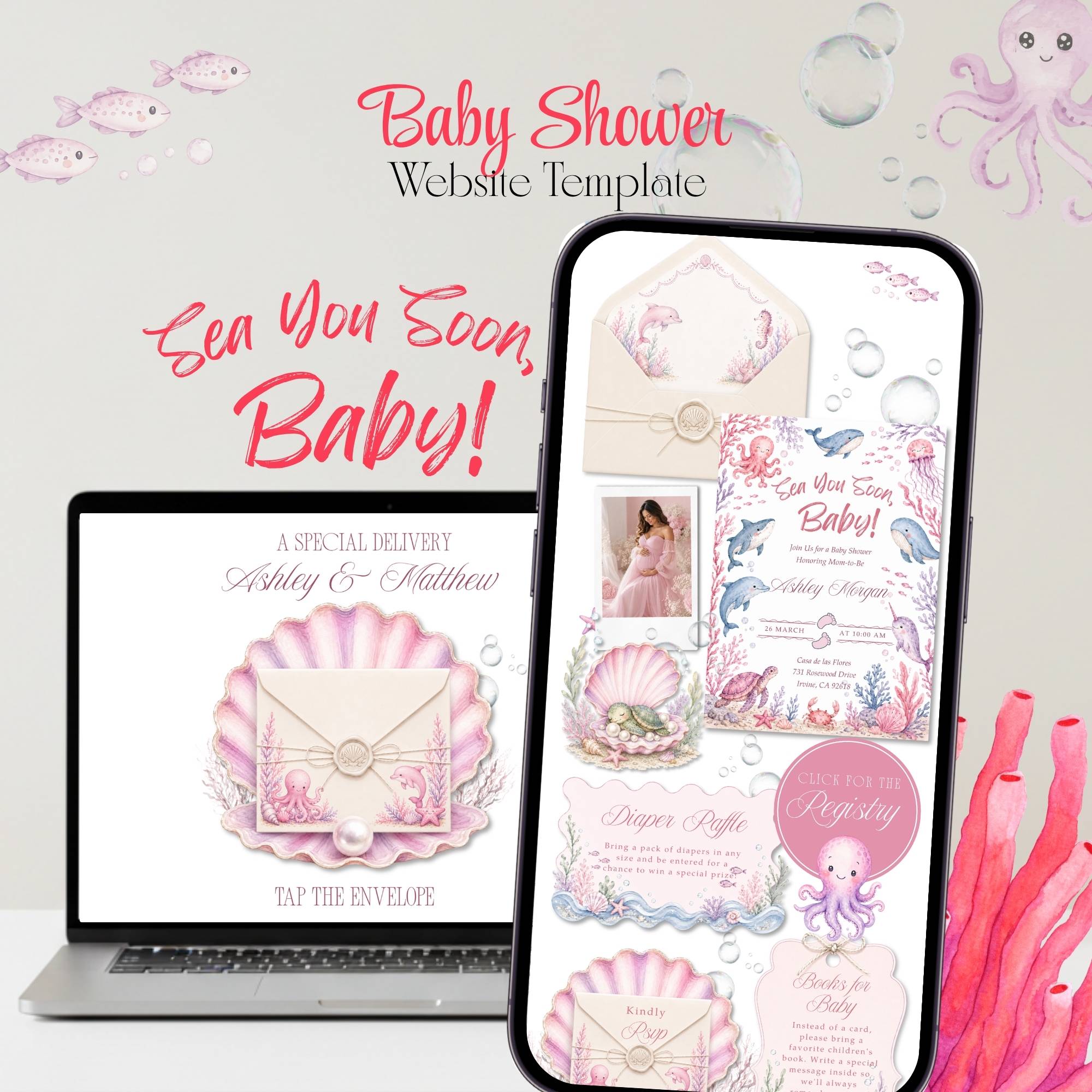 Sea You Soon baby shower website with an elegant underwater watercolor theme and RSVP.