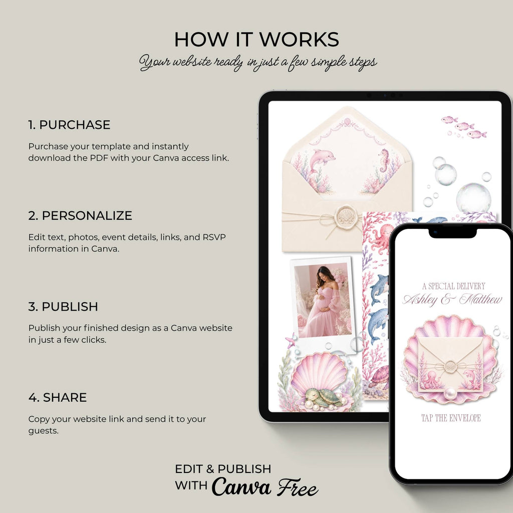 Learn how to edit and publish your Sea You Soon baby shower website in Canva.