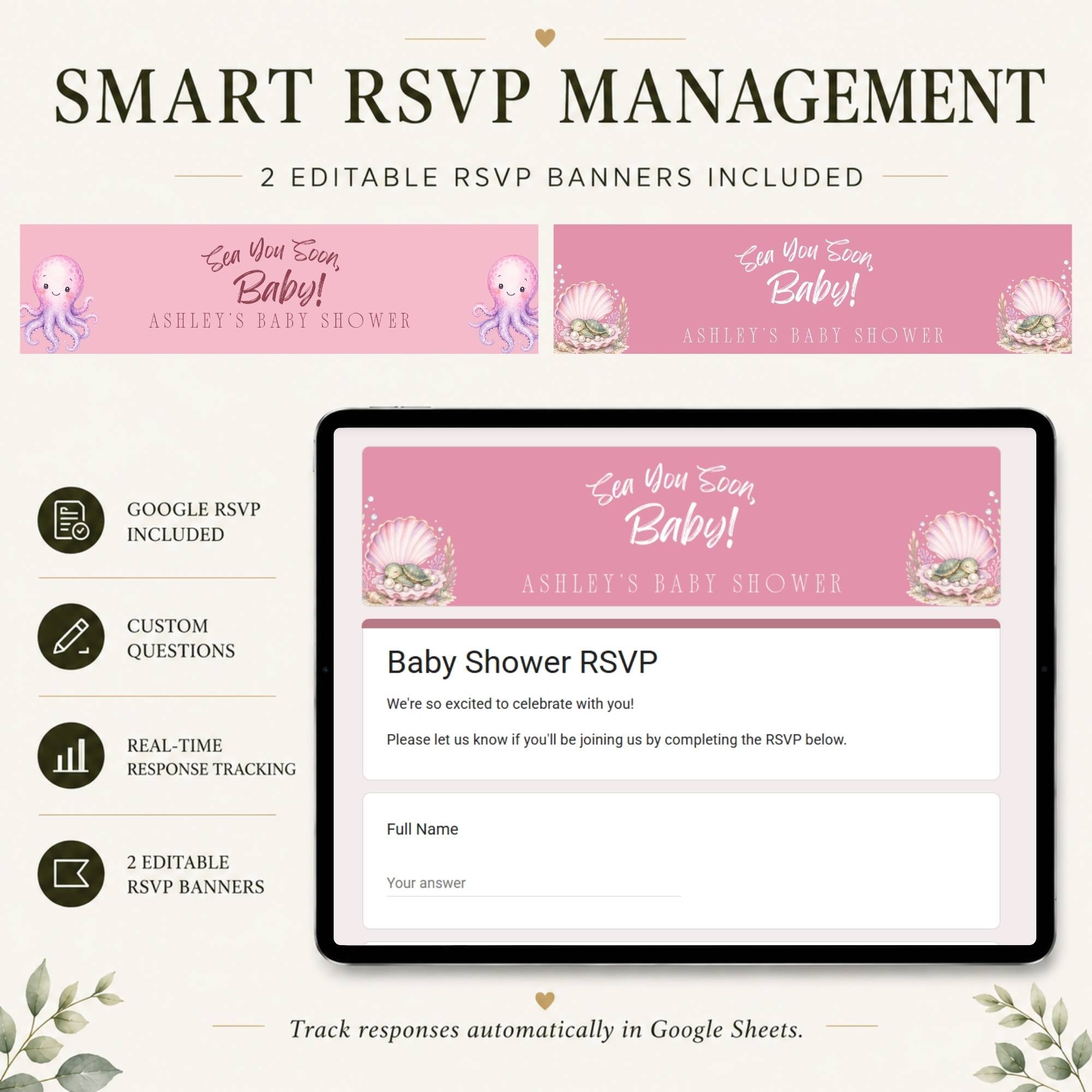 Online RSVP page for the Sea You Soon baby shower website template.