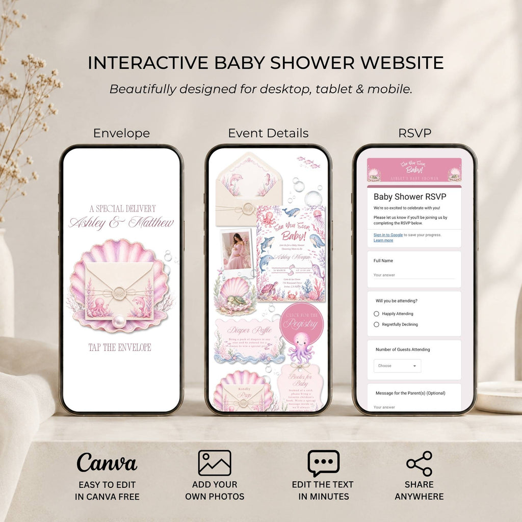 Elegant underwater baby shower website providing guests with a seamless digital experience.