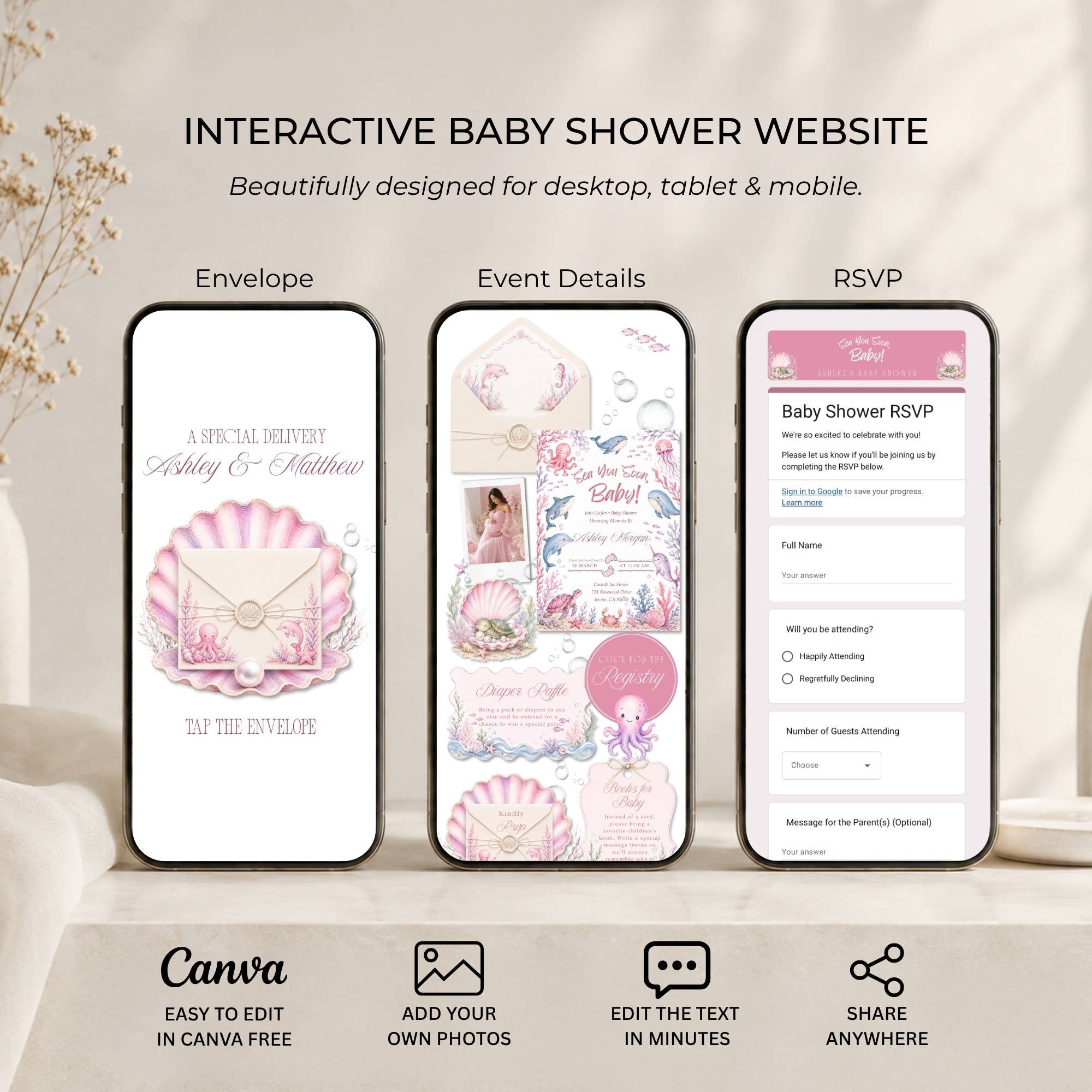 Elegant underwater baby shower website providing guests with a seamless digital experience.