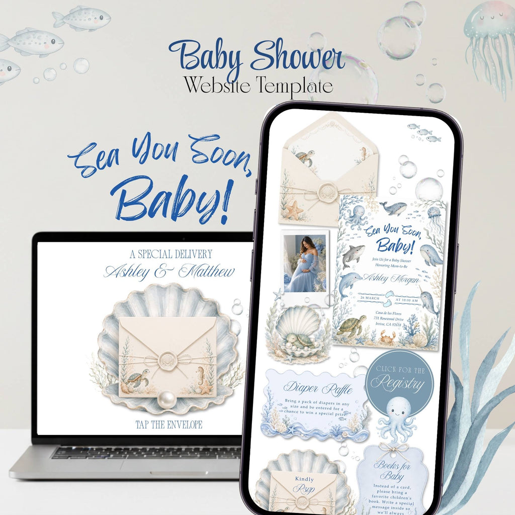 Sea You Soon boy baby shower website with an underwater watercolor theme and RSVP.