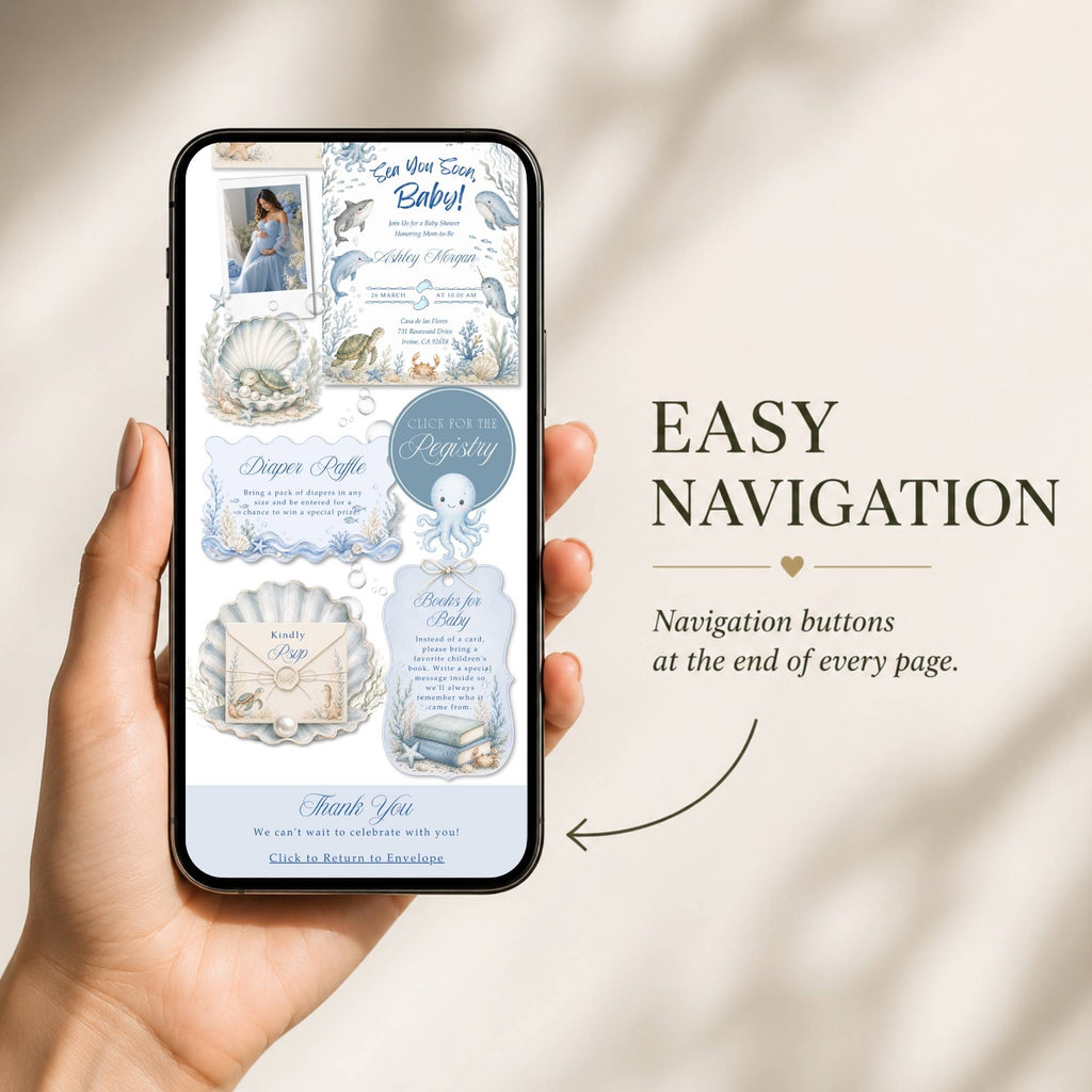 Mobile-friendly Sea You Soon boy baby shower website with intuitive page navigation.
