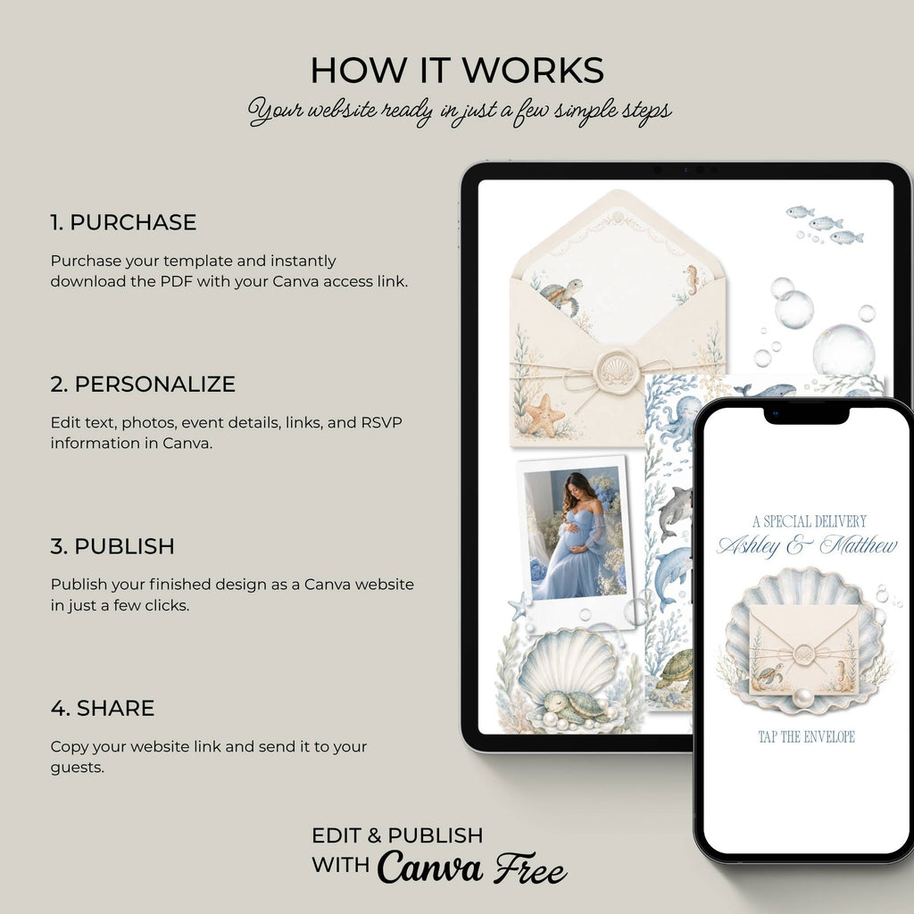Learn how to edit and publish your Sea You Soon boy baby shower website in Canva.