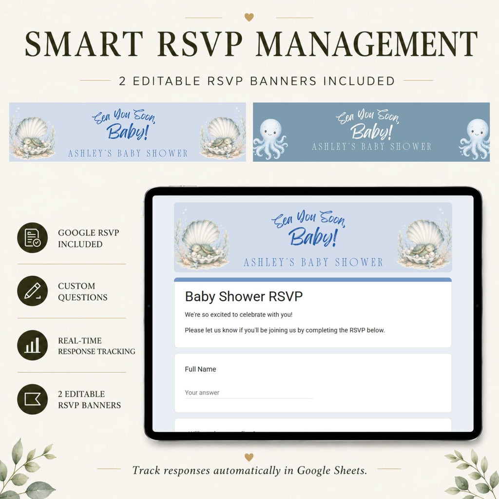 Online RSVP page for the Sea You Soon boy baby shower website template.