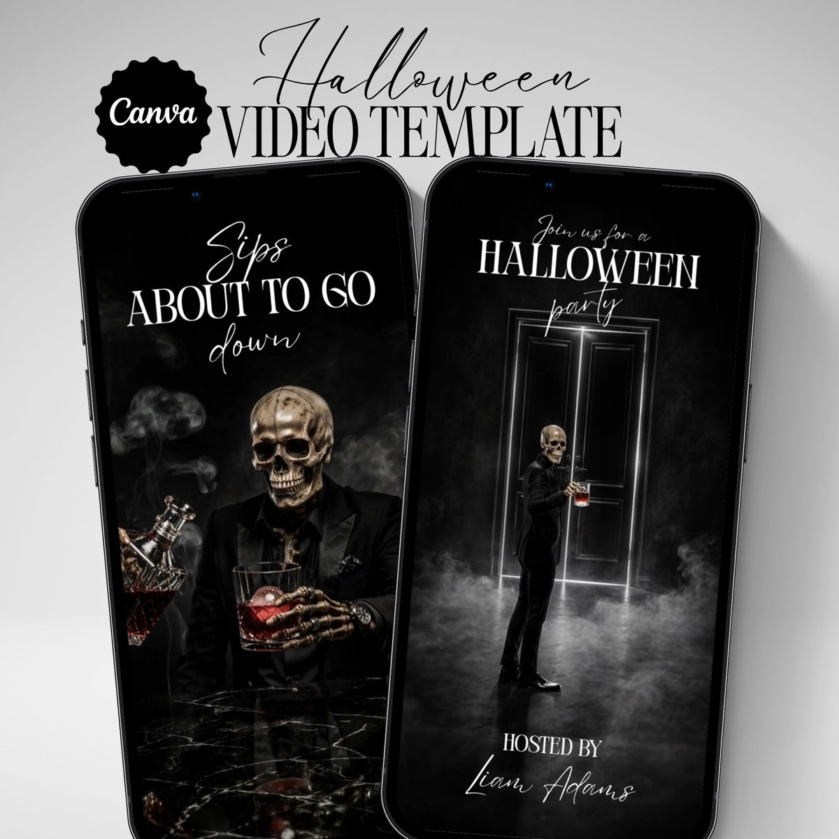 Sips About to Go Down Halloween party video invitation with a dark cinematic adult Halloween design and editable Canva template.
