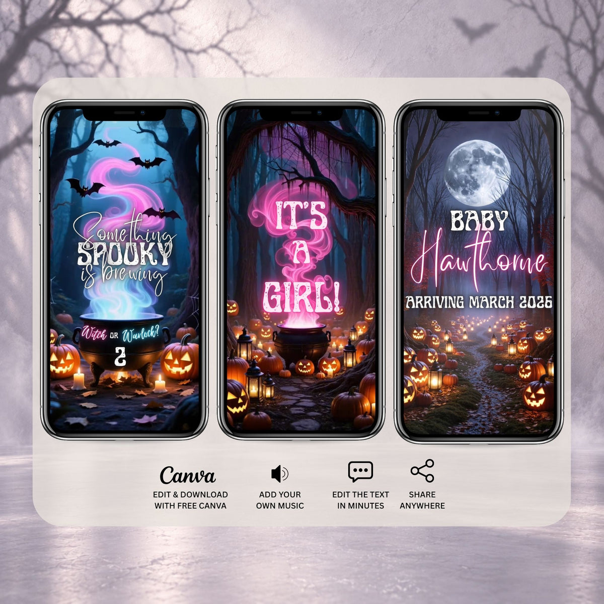 Spooky Halloween gender reveal video scenes showing the animated build-up, It’s a Girl reveal and baby announcement.