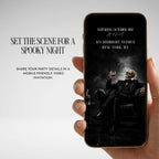 Editable Halloween party video template showing personalised party wording and dark spooky invitation scenes.
