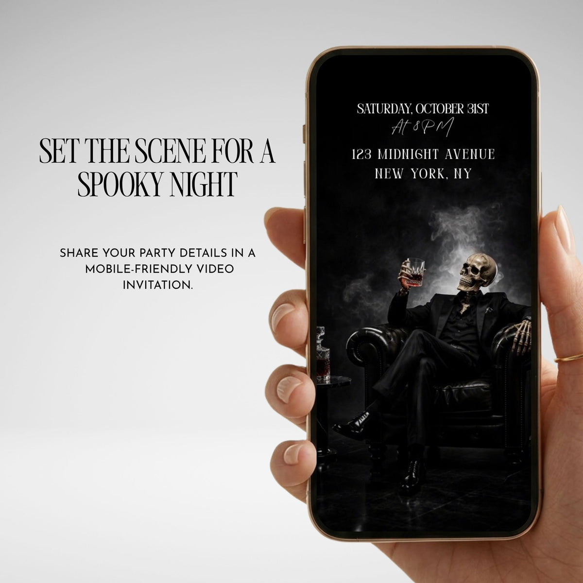 Editable Halloween party video template showing personalised party wording and dark spooky invitation scenes.