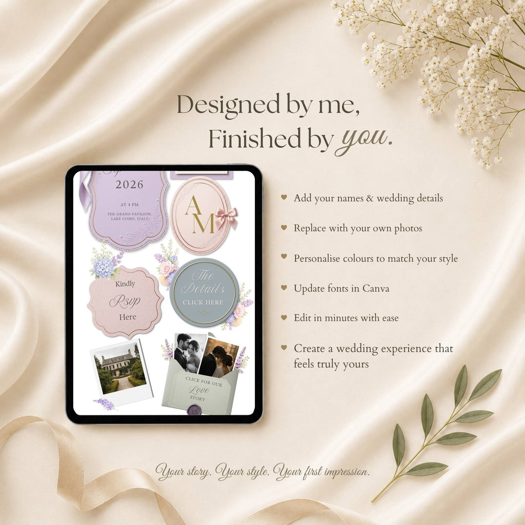 Spring wedding website template featuring blush pink and lavender flowers