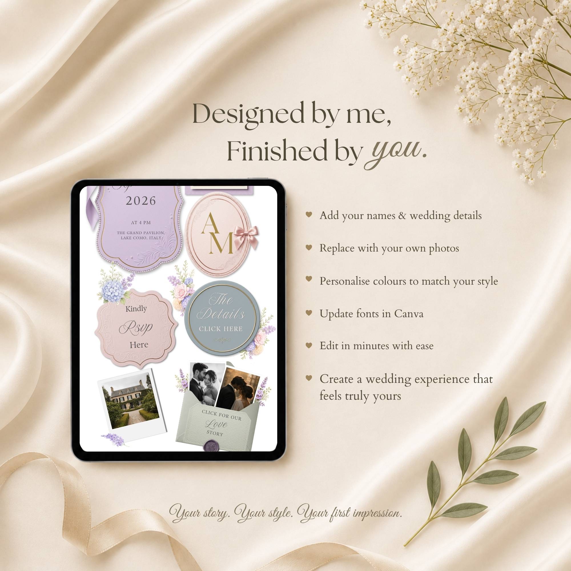 Spring wedding website template featuring blush pink and lavender flowers