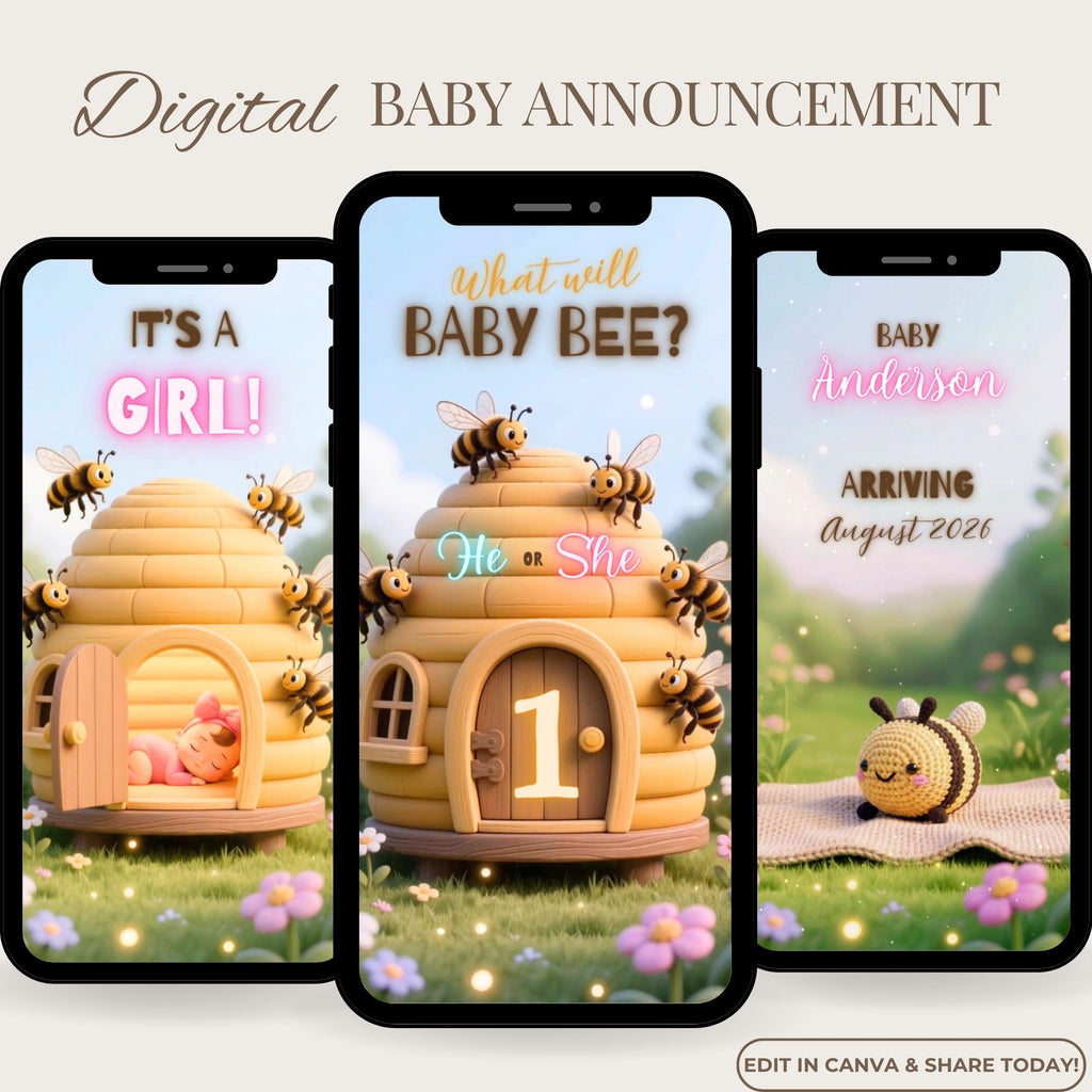 Three-phone mockup featuring the Sweet as Can Bee editable Canva gender reveal video invitation for a baby girl.
