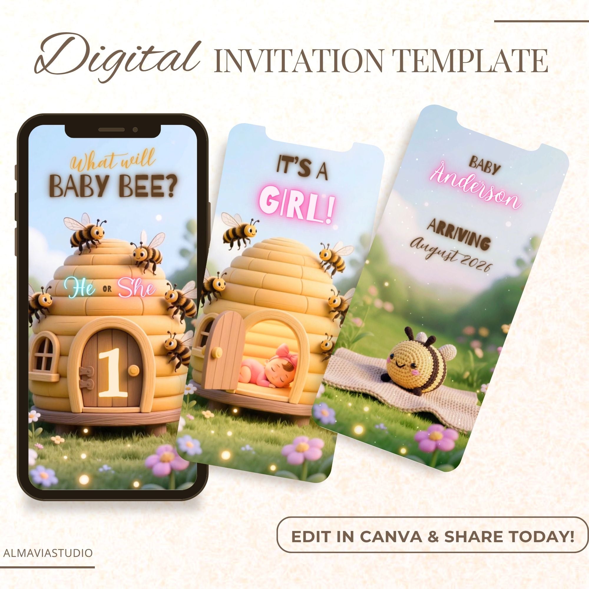 Smartphone mockup displaying the Sweet as Can Bee Canva gender reveal video template available for instant digital download.