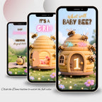 Three smartphone preview showing the Sweet as Can Bee animated gender reveal video invitation and personalized announcement screens.