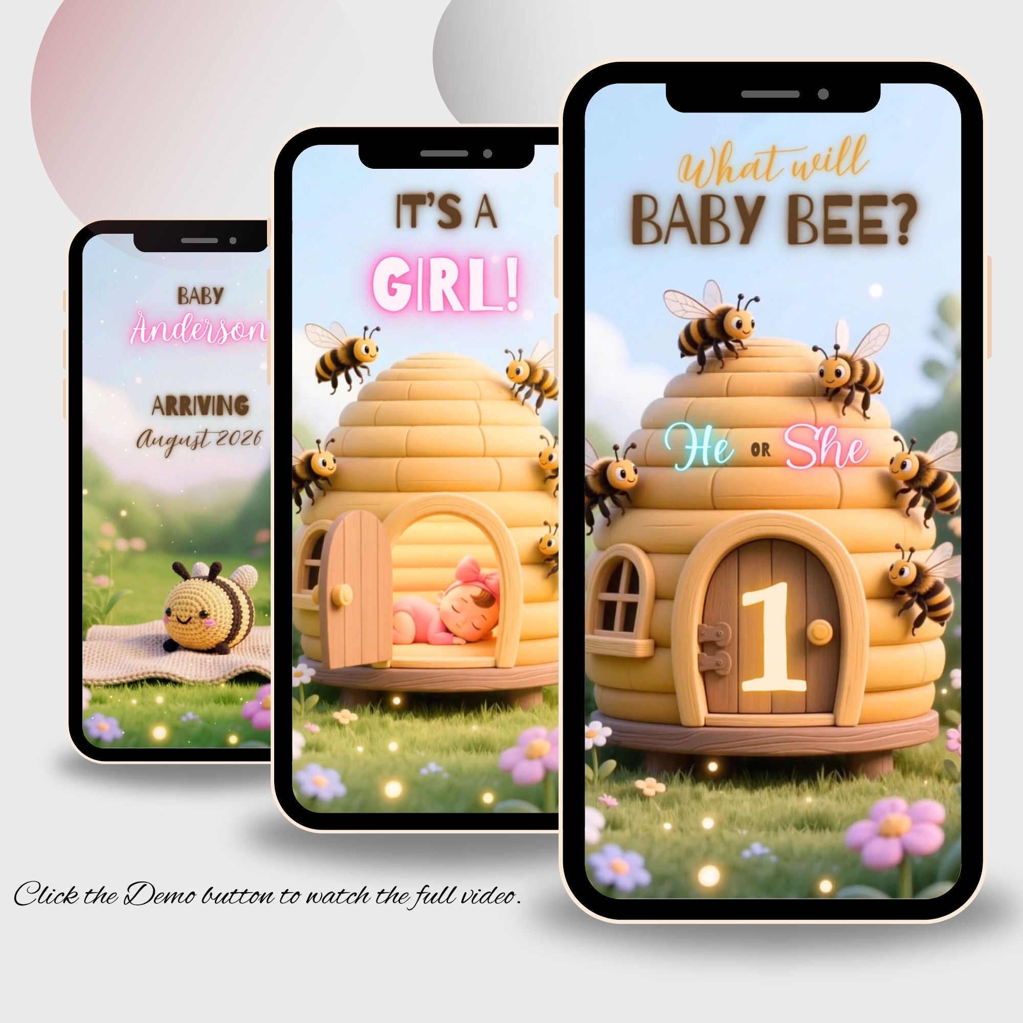 Three smartphone preview showing the Sweet as Can Bee animated gender reveal video invitation and personalized announcement screens.