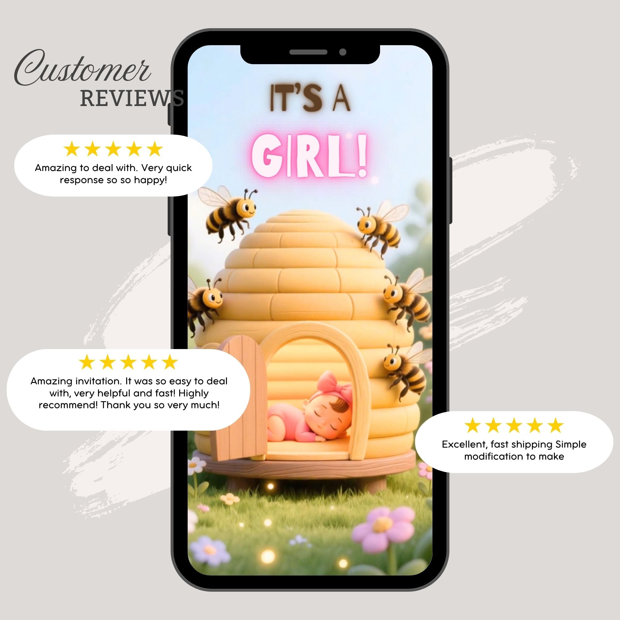 Customer reviews displayed alongside the Sweet as Can Bee editable Canva gender reveal video invitation.