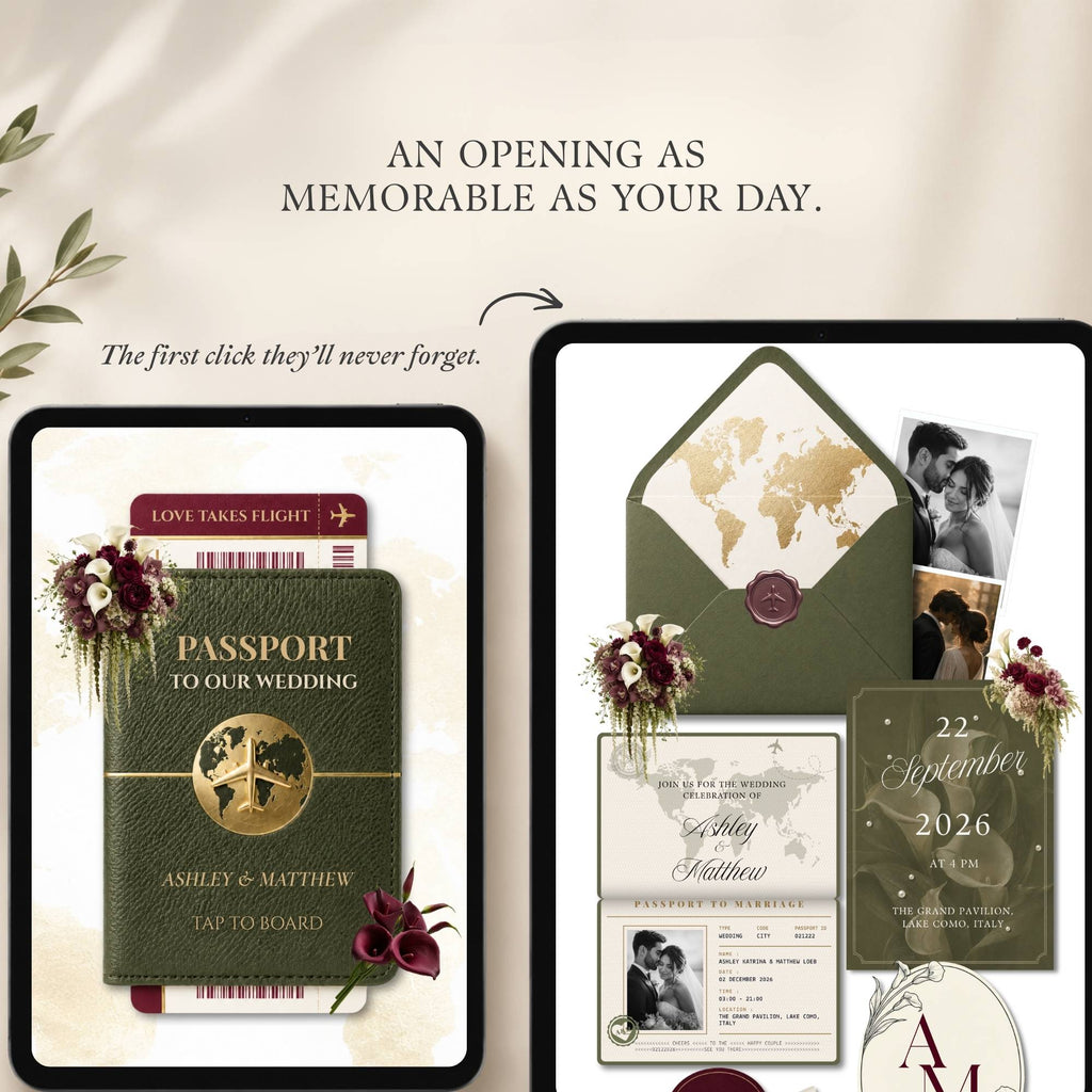 Travel themed wedding website template featuring passport and boarding pass inspired details