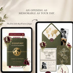Travel themed wedding website template featuring passport and boarding pass inspired details