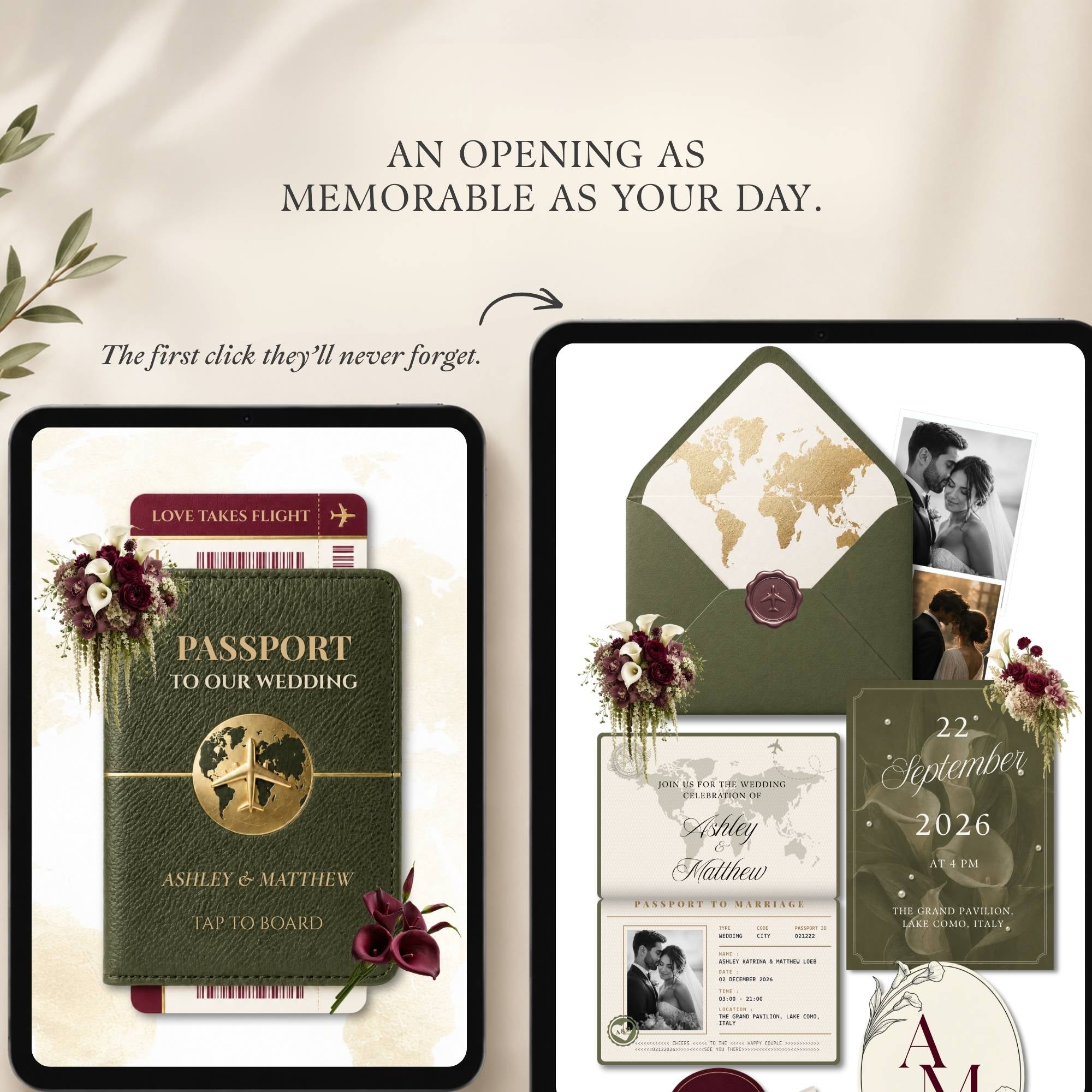 Travel themed wedding website template featuring passport and boarding pass inspired details