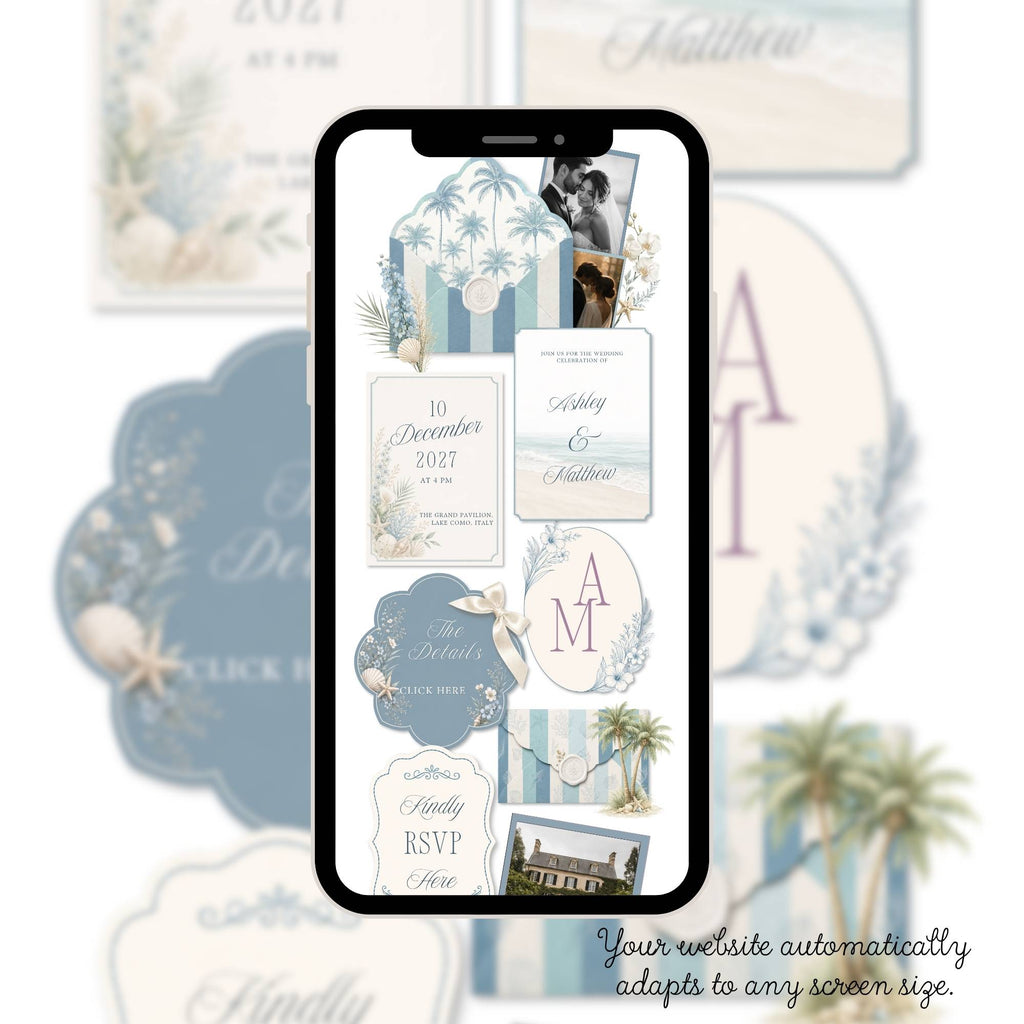 Love story page for tropical wedding website template editable in Canva