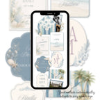 Love story page for tropical wedding website template editable in Canva