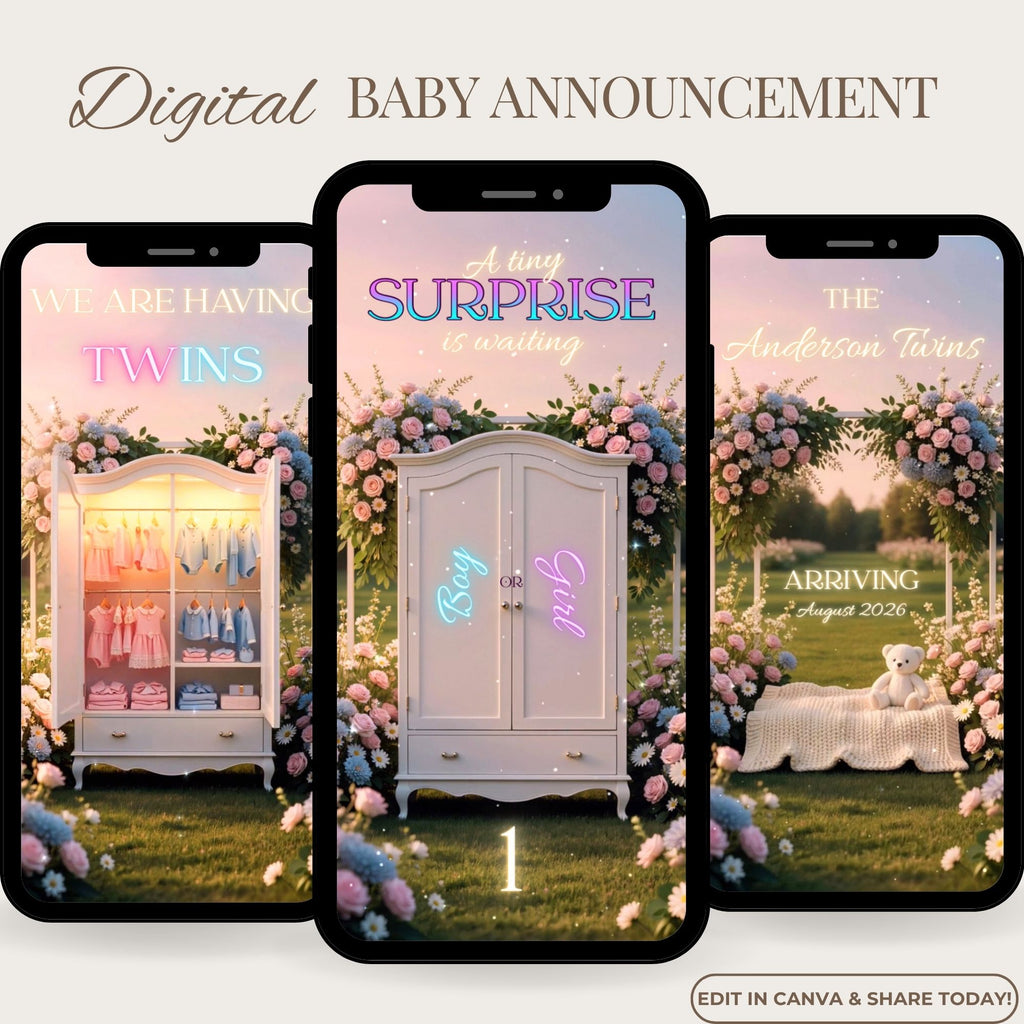 Twins closet gender reveal video invitation featuring an animated baby announcement video.