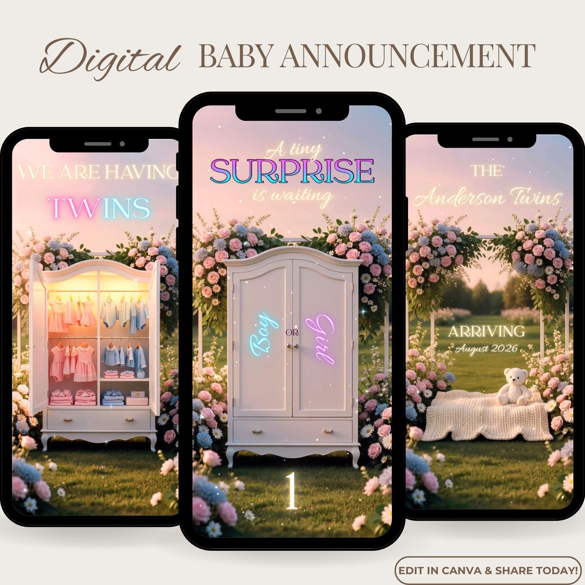 Twins closet gender reveal video invitation featuring an animated baby announcement video.