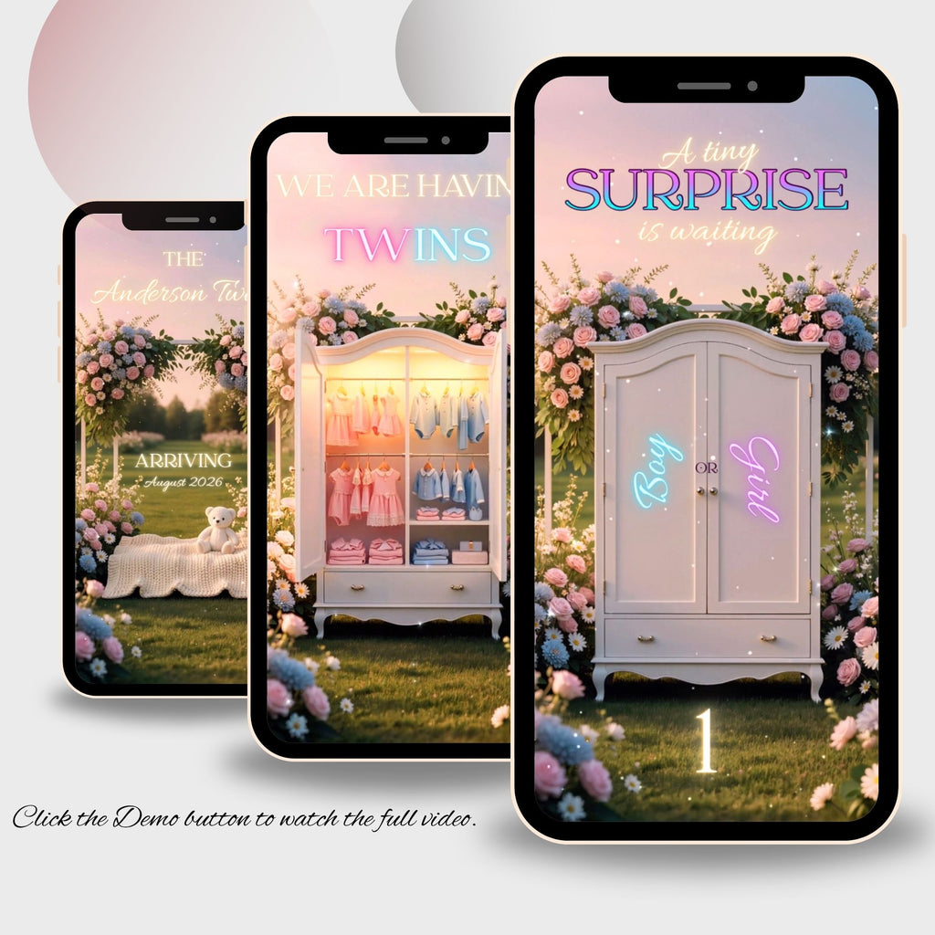Editable Canva gender reveal video template with customizable colors, text, names, and due date.