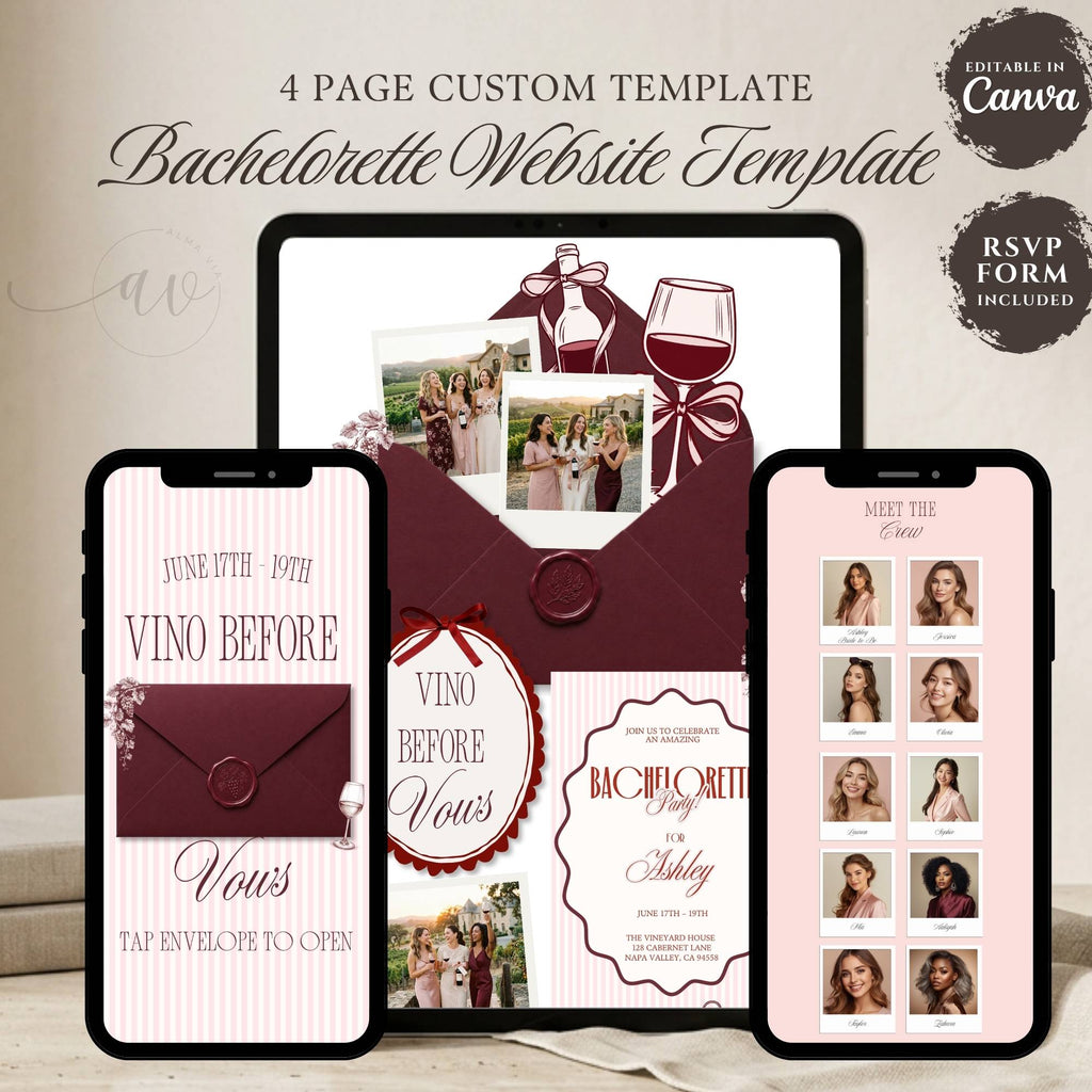 Vino Before Vows bachelorette website template featuring a wine-themed celebration with RSVP and itinerary pages.
