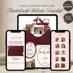 Vino Before Vows bachelorette website template featuring a wine-themed celebration with RSVP and itinerary pages.