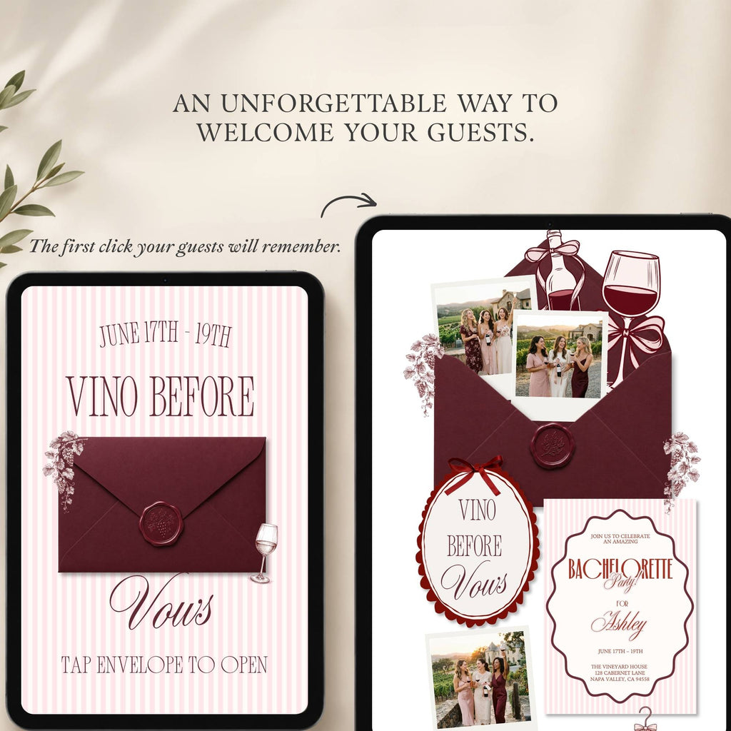 Detailed guide showing everything included in the Vino Before Vows Canva bachelorette website template.