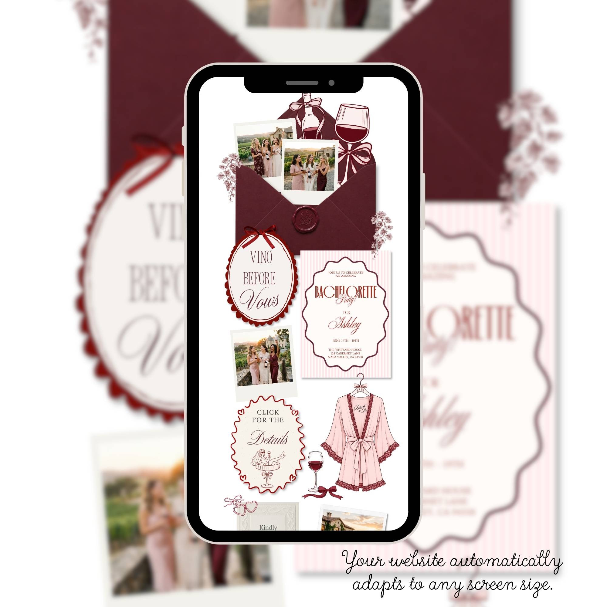 Easy navigation layout allowing guests to access event details, accommodations and RSVP information.