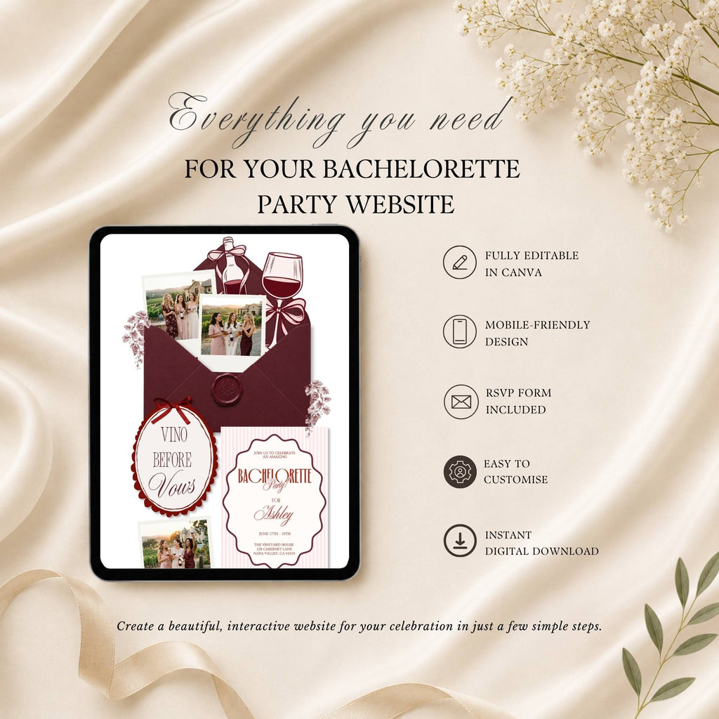 Feature overview of the Vino Before Vows bachelorette website including RSVP forms, itinerary pages and travel information.
