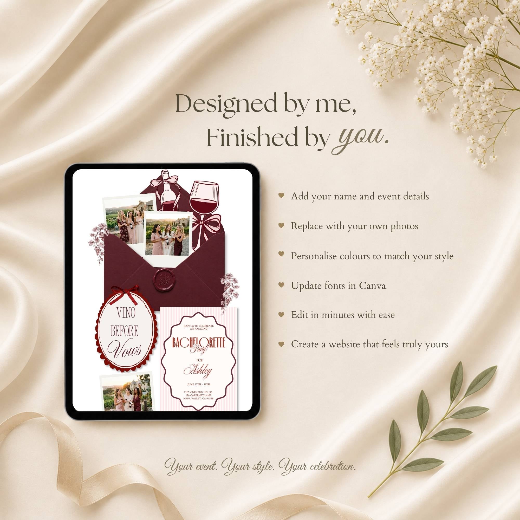 Fully customizable wine-themed bachelorette website template editable in Canva.