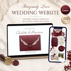 Vintage wedding website template with burgundy lace envelope and RSVP form