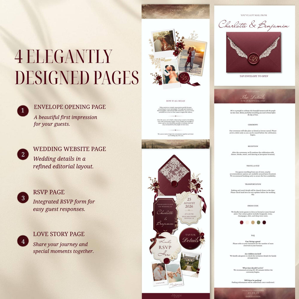 Vintage burgundy wedding website displayed on mobile devices