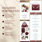 Vintage burgundy wedding website displayed on mobile devices