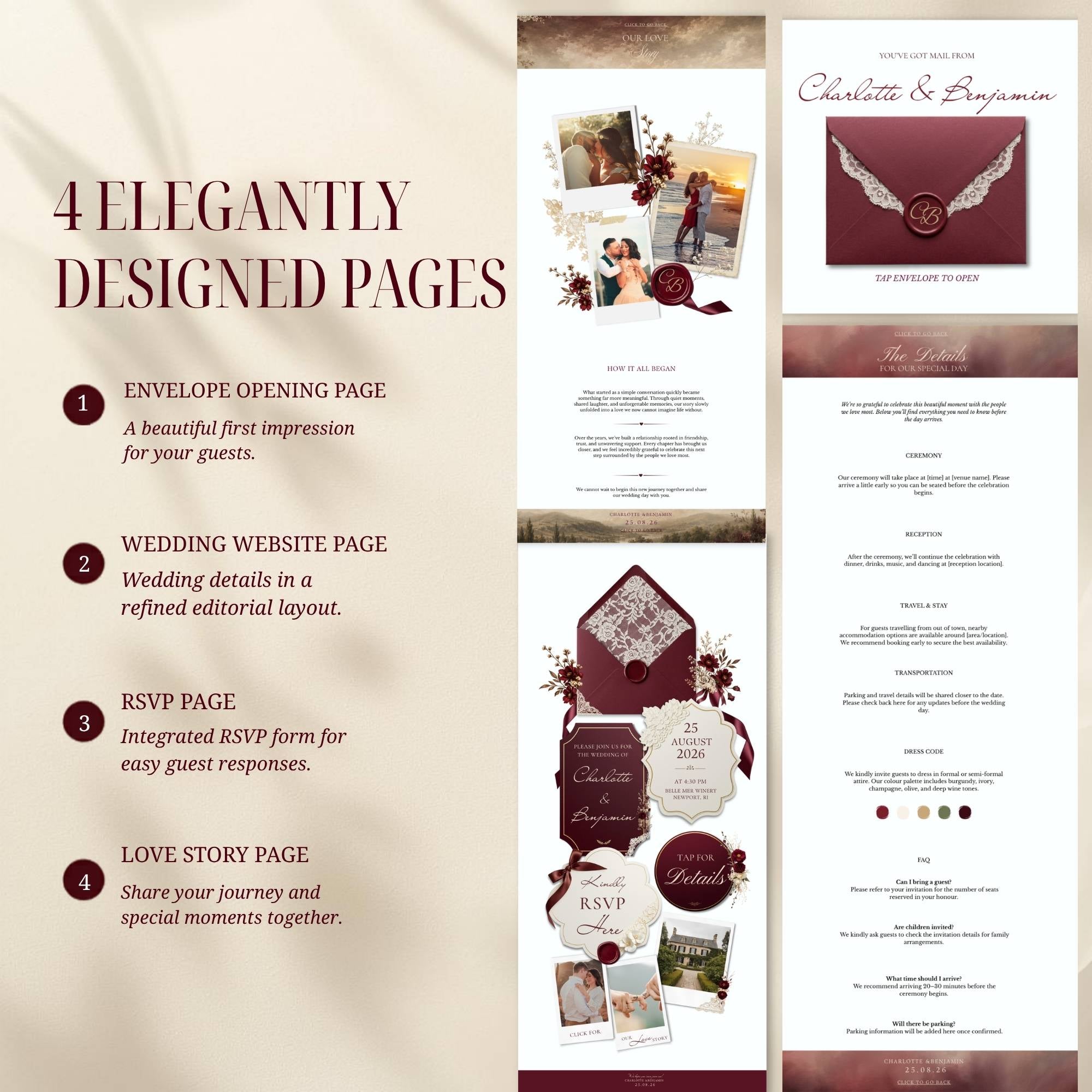 Vintage burgundy wedding website displayed on mobile devices
