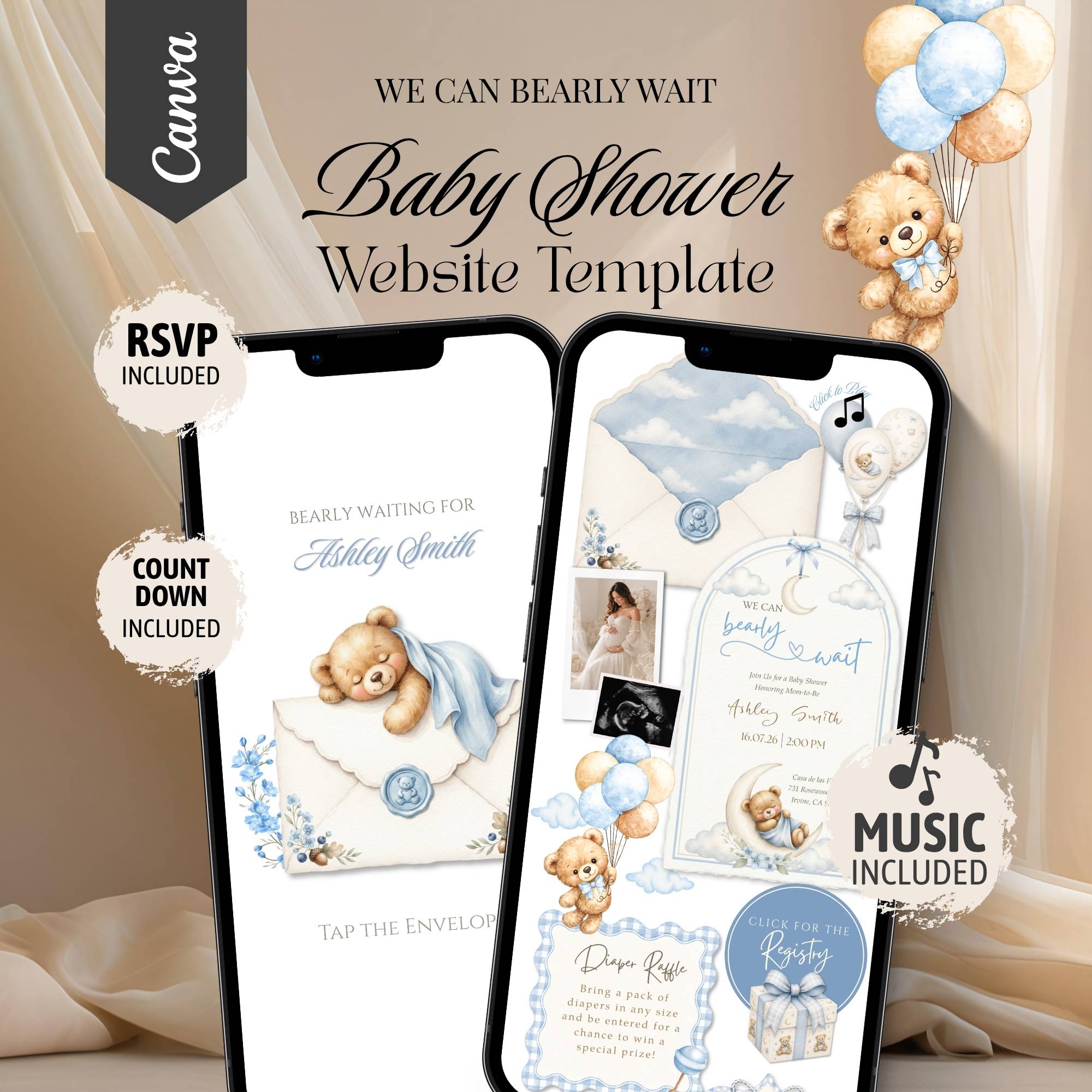 We Can Bearly Wait baby shower website template featuring an interactive baby shower website with RSVP.