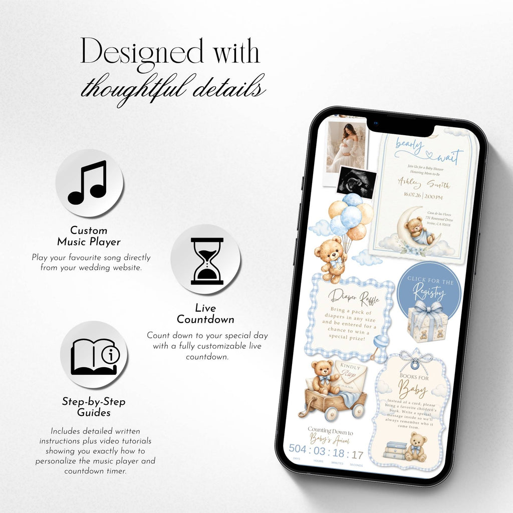 Baby shower website template featuring invitation details, RSVP form, registry, countdown, and music.