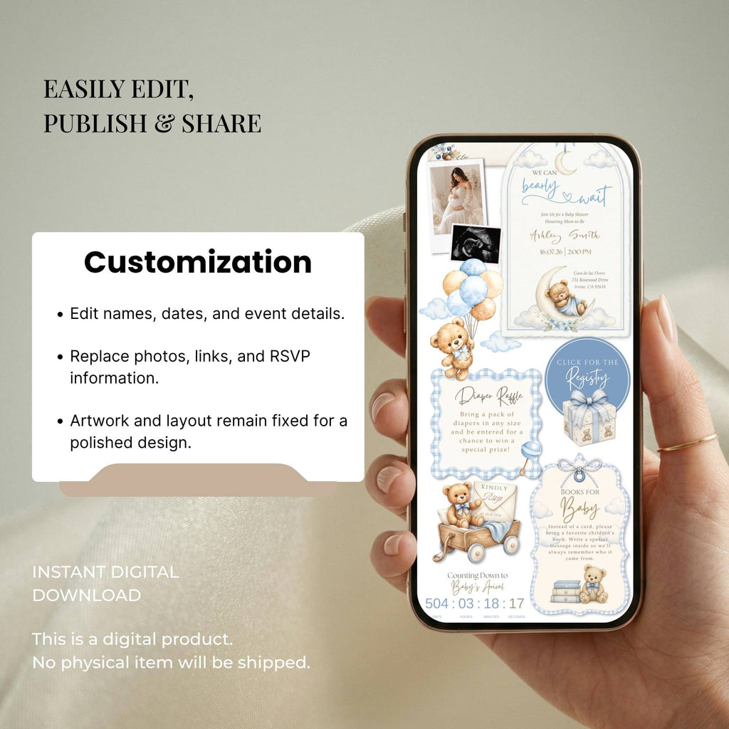 Editable Canva baby shower website template with customizable colors, fonts, text, and photos.