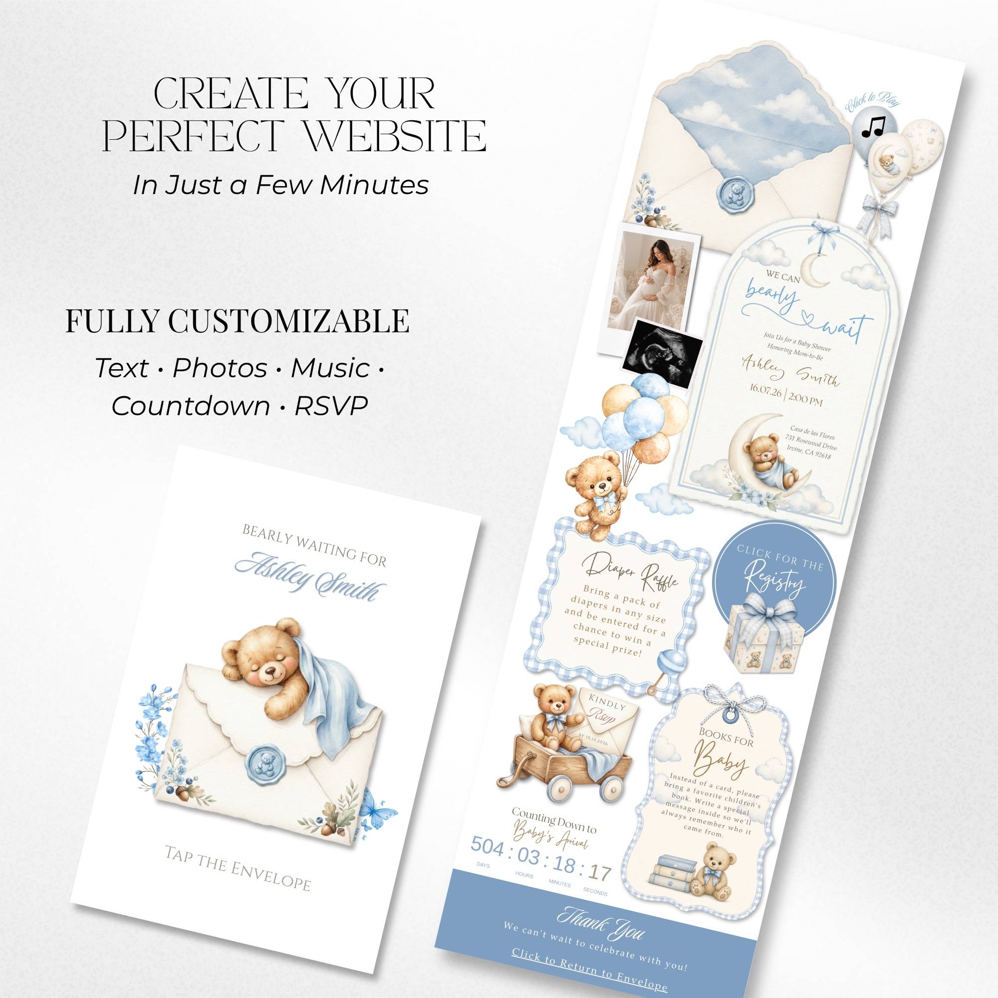 Baby shower website template including homepage, RSVP page, registry, countdown, and event details.