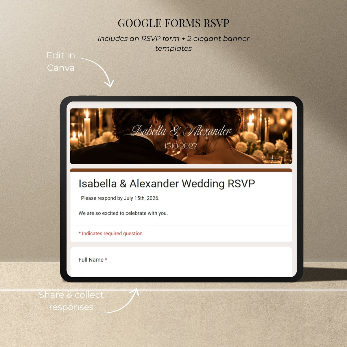 Google Forms RSVP template for the brown wedding website with matching candlelit banner and trackable guest responses.
