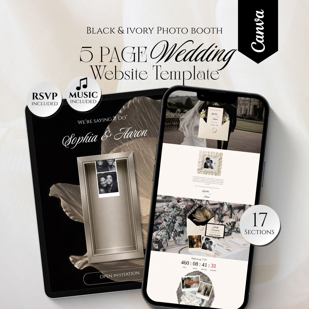 Wedding photo booth website template featuring an elegant black and ivory wedding website with RSVP.