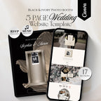 Wedding photo booth website template featuring an elegant black and ivory wedding website with RSVP.