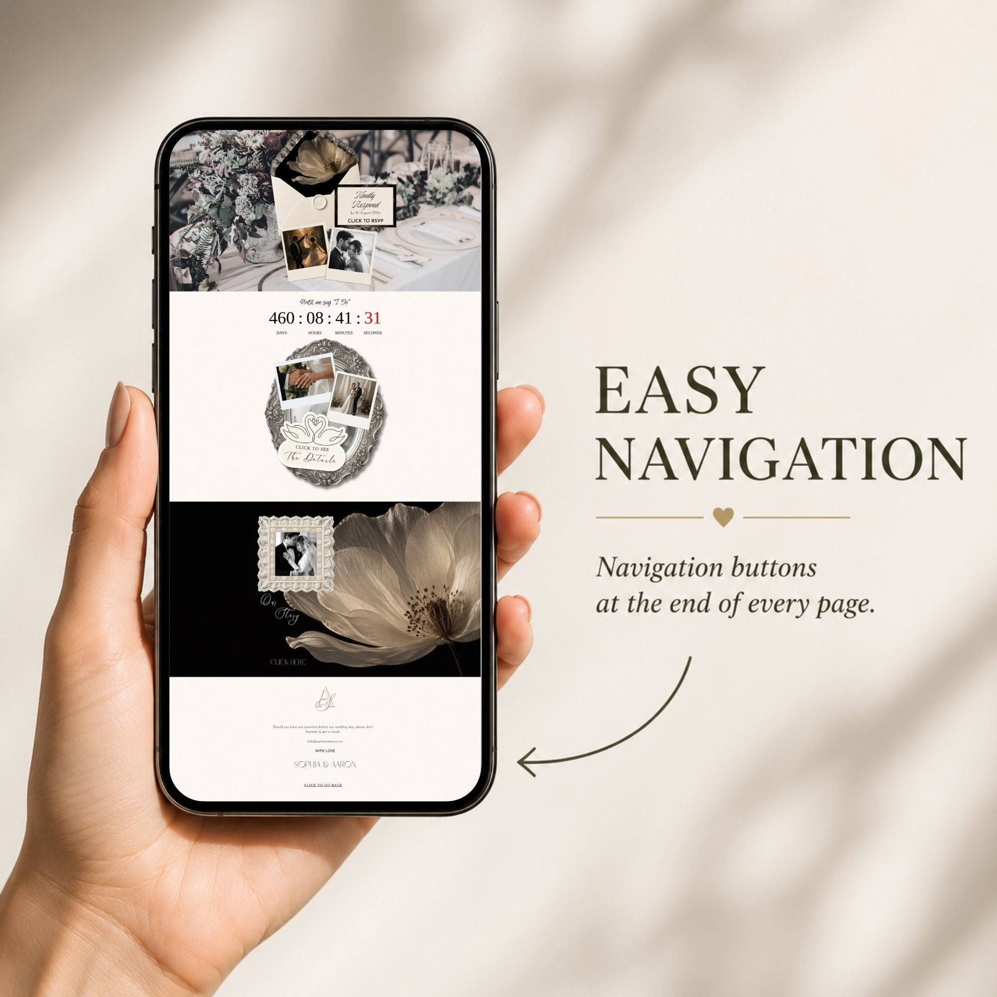 Mobile-friendly wedding photo booth website with simple navigation and RSVP access.
