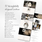 Wedding website template featuring photo booth, event details, RSVP form, countdown, registry, and gallery.