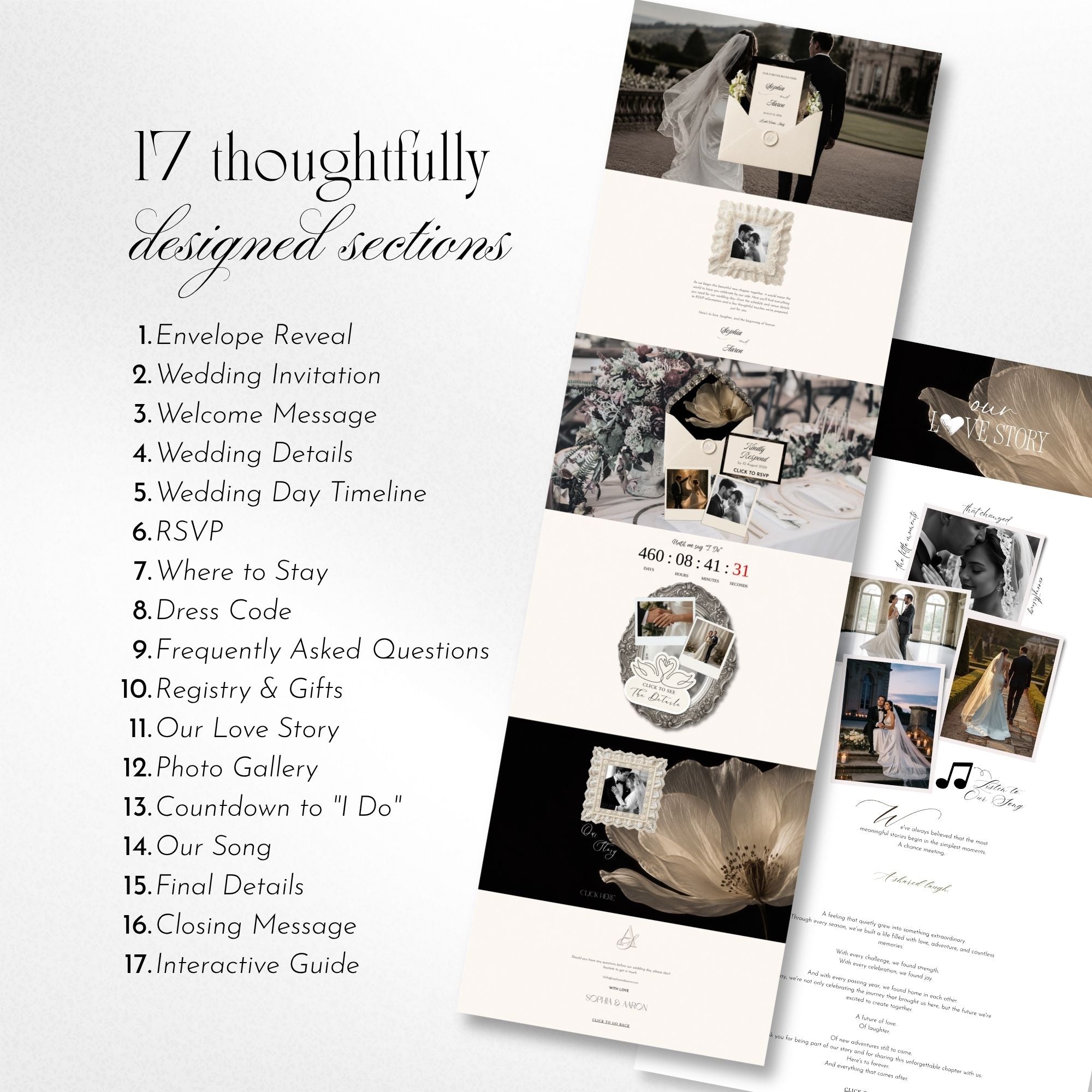 Wedding website template featuring photo booth, event details, RSVP form, countdown, registry, and gallery.