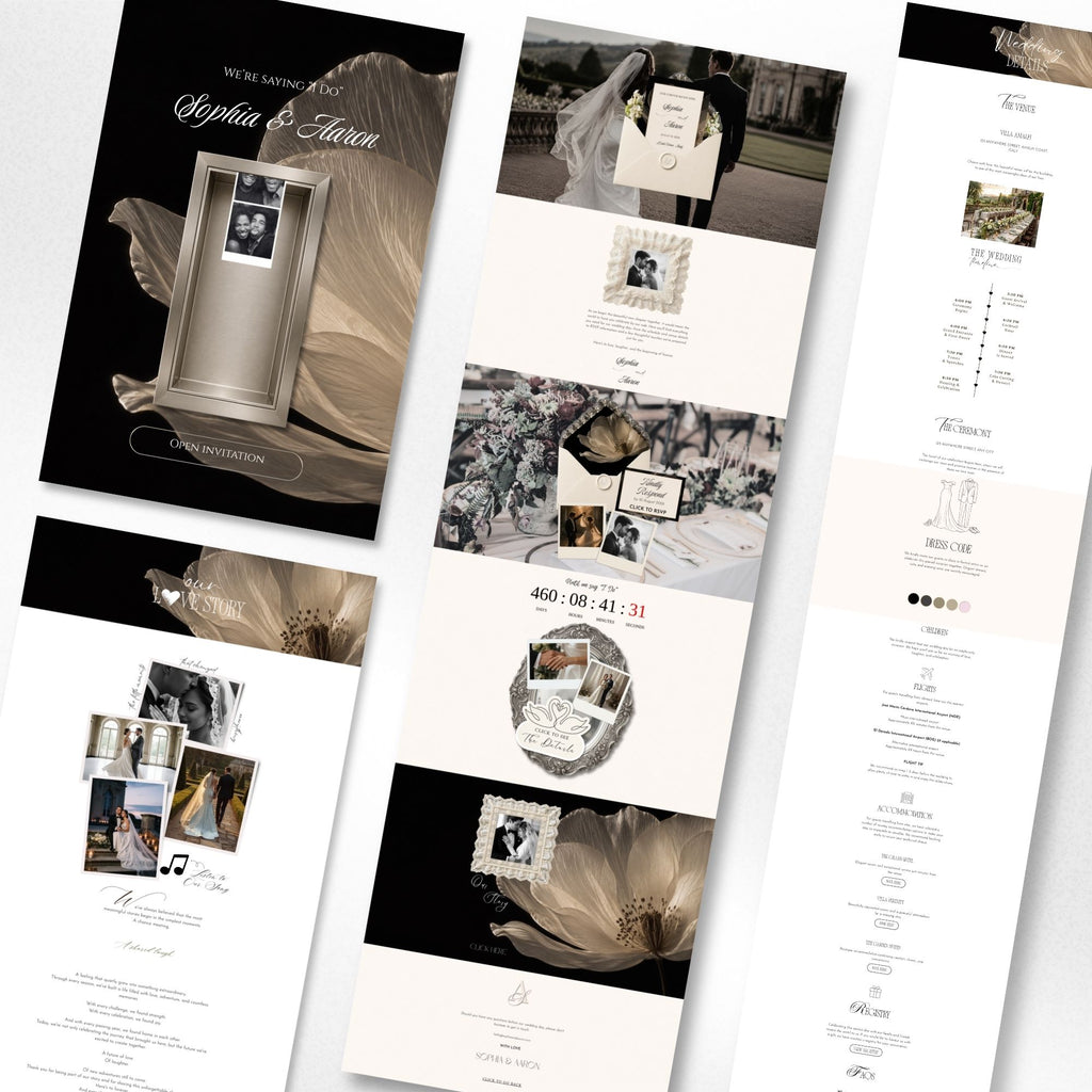 Wedding photo booth website template including homepage, RSVP page, photo booth, timeline, registry, and gallery.