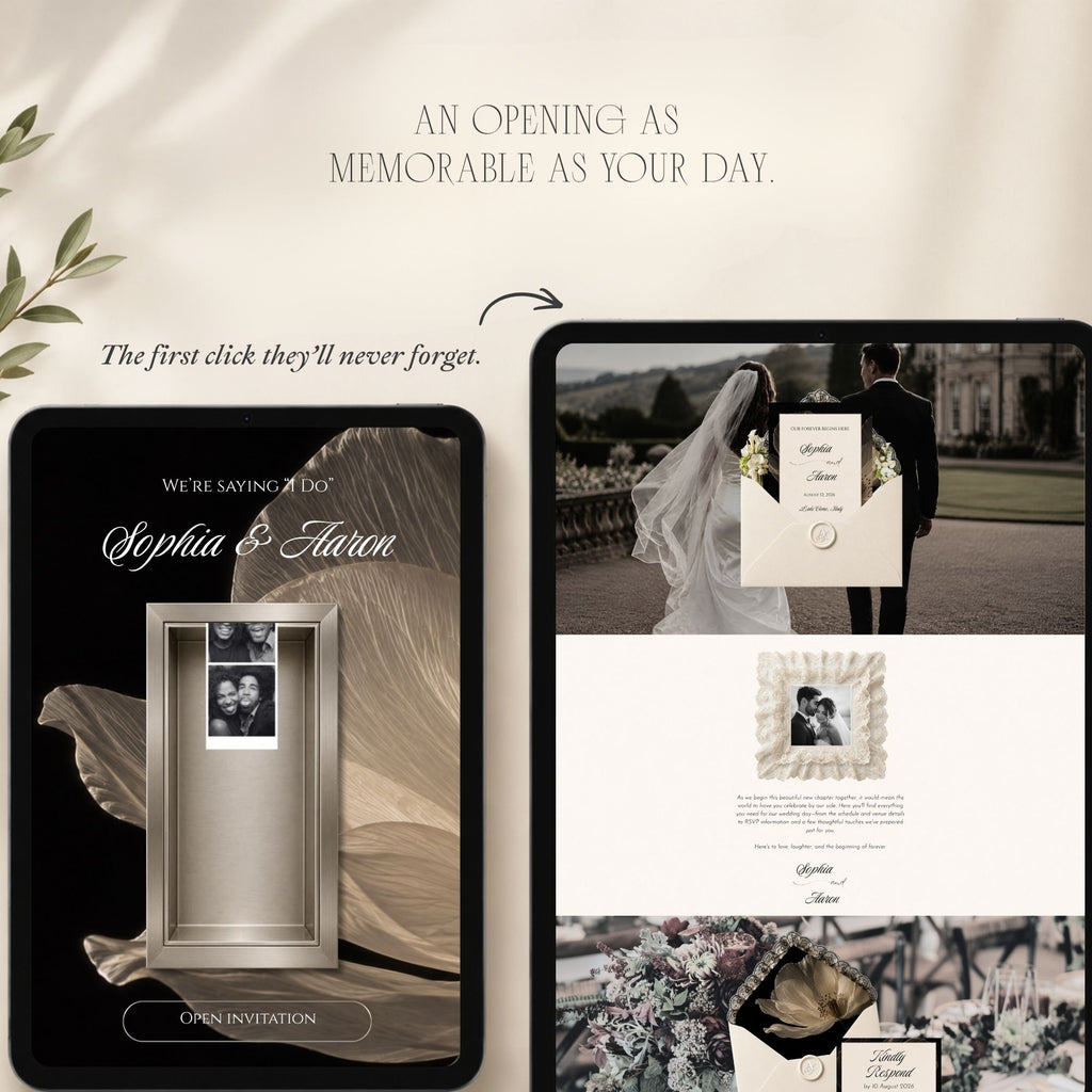 Opening homepage of the wedding photo booth website featuring the interactive invitation and photo booth.